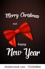 Illustration of Vector Merry Christmas Greeting Card. Realistic Red Ribbon with Merry Christmas and Happy New Year Paper Lettering