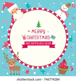 Illustration vector of Merry Christmas and Happy New Year card design with santa claus, snowman, reindeer and cupcake around circle frame on blue snow background template.