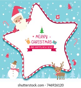 Illustration vector of  Merry Christmas and Happy New Year card design with santa claus  on star frame on blue snow background template.