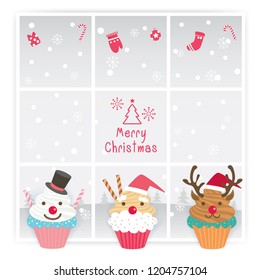 Illustration vector of Merry Christmas holiday design with cupcake decorated to santa calus, snowman and reindeer at window on snow background.