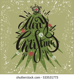 illustration vector merry christmas lettering design with tree and christmas balls