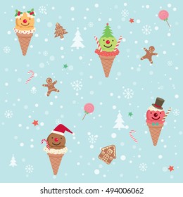 Illustration vector of merry christmas ornament element with ice-cream  party with  snow background decoration into seamless pattern.