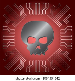 illustration vector of metallic black skull on red main board circuit background