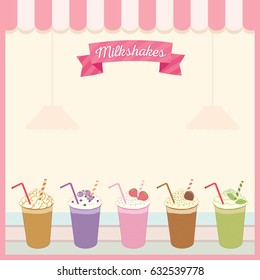 Illustration vector of milkshakes menu template decorated on pink cute cafe background.