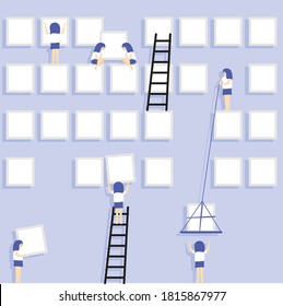 Illustration vector of mini female build photo frame. construction working together. people background. photo frame of tree family