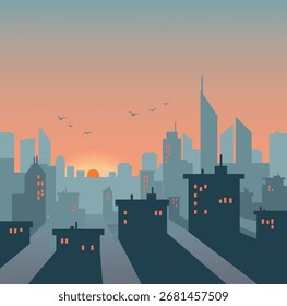 Ilustración Vector Paisaje urbano mínimo Puesta de sol