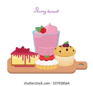 Illustration vector of mix berry smoothie and fruit dessert on wooden cutting board.