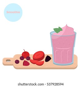 Illustration vector of mix berry smoothie and fruit piece on wooden cutting board.