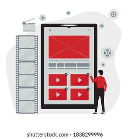 Illustration vector Mobile video editing concept with character in action. flat vector concept of video editing app, multimedia production, video blogging, motion design.