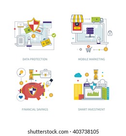 Illustration of vector modern color line flat design composition and infographics concept for data protection, mobile marketing, online shopping, financial saving and strategy, smart investment