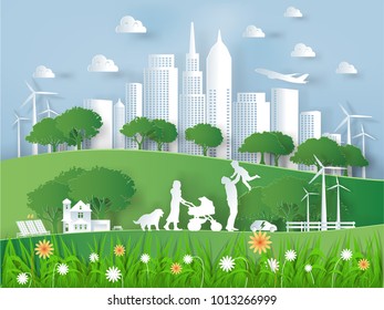 Illustration vector of modern eco world environment and happiness family,graphic design of eco modern world in paper art style