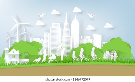 Illustration vector of modern eco world environment and happiness family people, graphic design of eco modern world in paper art style