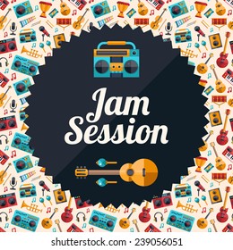 Illustration of vector modern flat design decorative invitation flyer template with musical instruments and music tools