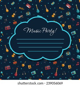 Illustration of vector modern flat design decorative invitation flyer template with musical instruments and music tools