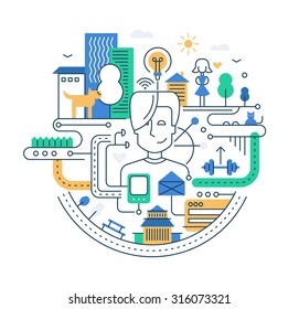 Illustration of vector modern line flat design city composition with people, buildings and other infographics elements
