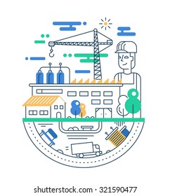 Illustration of vector modern line flat design city composition with people, factory buildings and industrial infographics elements
