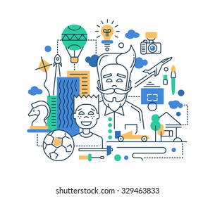 Illustration of vector modern line flat design happy father and son composition