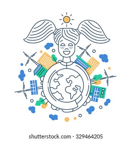 Illustration of vector modern line flat design city composition with a happy girl holding the Earth with buildings and alternative energy infographics elements on it