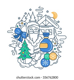 Illustration of vector modern line flat design Christmas composition and infographics elements with a Santa Claus