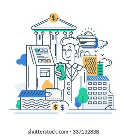 Illustration of vector modern line flat design make money composition and infographics elements with a businessman