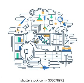 Illustration of vector modern line flat design composition and infographics elements
with designer and his workplace