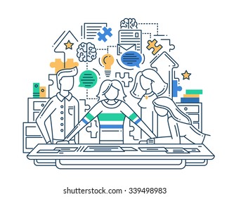 Illustration of vector modern line flat design creative process composition and infographics elements with a team solving problem