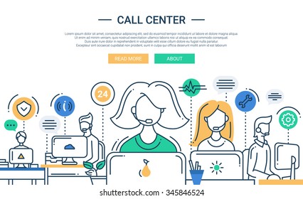 Illustration of vector modern line flat design composition and infographics elements with call center support team and its workplace. Header, banner for your website.