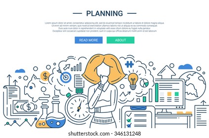 Illustration of vector modern line flat design planning process composition and infographics elements with a woman thinking. Header, banner for your website.