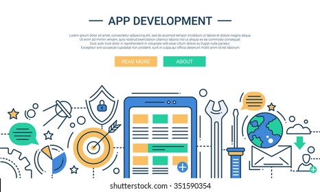 Illustration of vector modern line flat design app development composition and infographics elements with cell phone and tools. Header, banner for your website.
