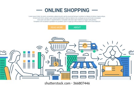 Illustration of vector modern line flat design online shopping composition and infographics elements with online purchase process