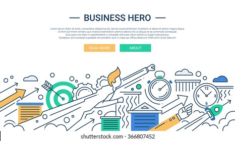 Illustration of vector modern line flat design business composition and infographics elements with super hero businessman
