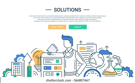 Illustration of vector modern line flat design solutions composition and infographics elements with a man and business tools