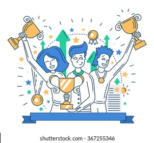 Illustration of vector modern line flat design composition and infographics elements with happy winners