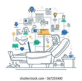 Illustration of vector modern line flat design internet communication composition and infographics elements with man having rest