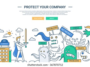 Illustration of vector modern line flat design protect your company composition and infographics elements with super hero businessman and business challenge