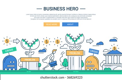 Illustration of vector modern line flat design composition and infographics elements with super hero businessman and business challenge