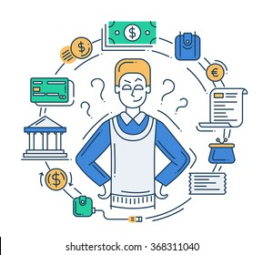 Illustration of vector modern line flat design payment methods composition and infographics elements with a businessman