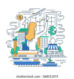 Ilustración de la composición del proceso de planificación del diseño plano de líneas modernas vectoriales y elementos de infografía con una mujer dibujando un diagrama