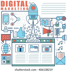 Illustration of vector modern line flat design composition and infographics elements concept of Digital Marketing