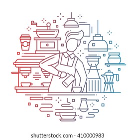 Illustration Of Vector Modern Line Flat Design Composition With Male Barista Making And Serving Cofee At The Cafe Counter - Color Gradient