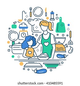 Illustration of vector modern line flat design composition with mother and daughter cooking at the kitchen