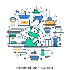 Illustration of vector modern line flat design composition with male barista making and serving coffee at the cafe counter