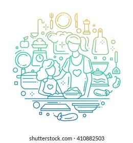 Illustration of vector modern line flat design composition with mother and daughter cooking at the kitchen - color gradient