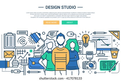 Illustration Of Vector Modern Line Flat Design Website Banner, Header With Professional Design Studio Team