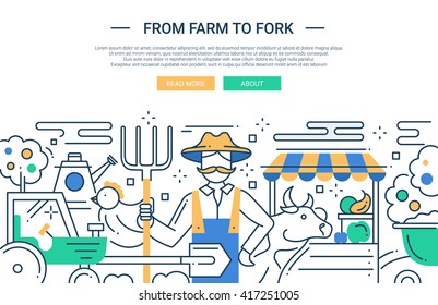 Illustration of vector modern line flat design website banner, header with a farmer and farm products