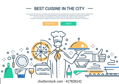 Illustration of vector modern line flat design website banner, header with professional cooker holding dishes