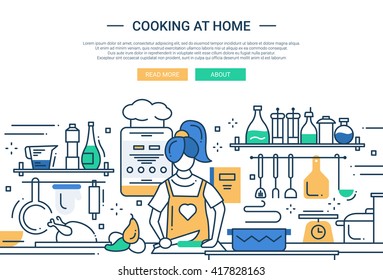 Illustration of vector modern line flat design website banner, header with a girl cooking at home