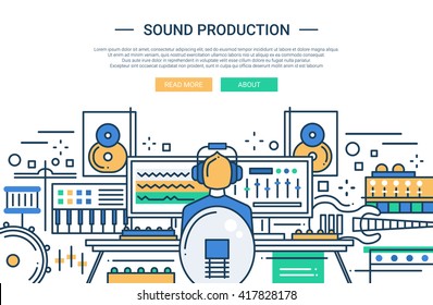 Illustration of vector modern line flat design website banner, header with a sound producer at work among different music equipment