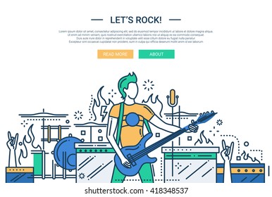 Illustration of vector modern line flat design website banner, header with male playing the electro guitar