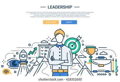 Illustration of vector modern line flat design business composition and infographics elements with a male leader and aims symbols